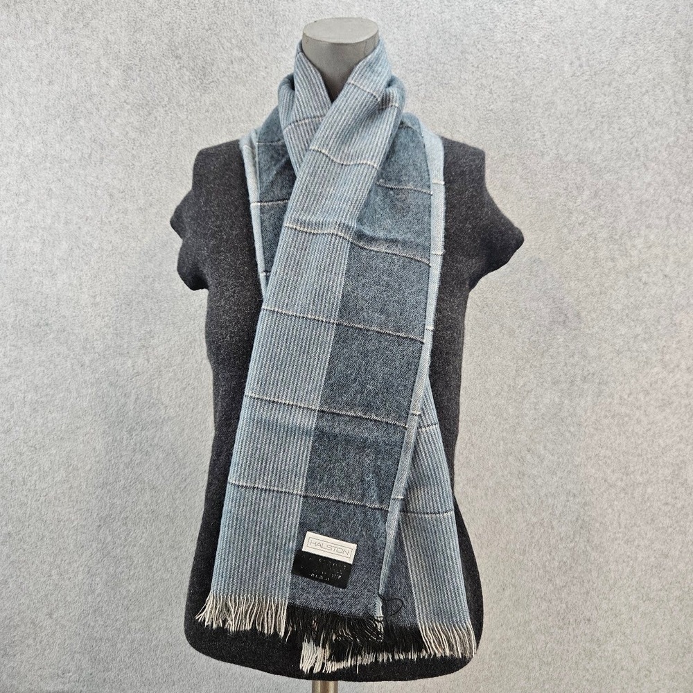 Halston Lambswool Scarf Blue Grey Striped Colorblock Fringe Winter  Unisex